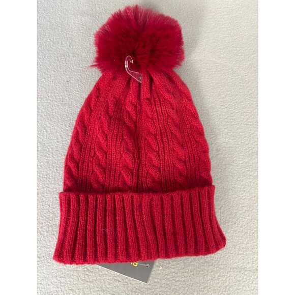 Style & Co. Red Cable Knit Shine Beanie With Pom Pom One Size Recycled Poly NWTs - Picture 4 of 7